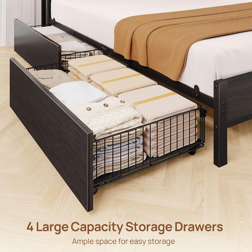 Bed Frame Queen with Charging Station and LED Lights, Upholstered Storage Headboard with Drawers