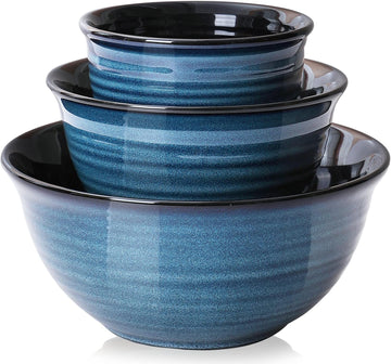 Ceramic Mixing Bowls Set , Handmade Serving Dishes for Entertaining, 2.1/1.0/0.5 Qt Deep Microwave Safe Nesting Bowls