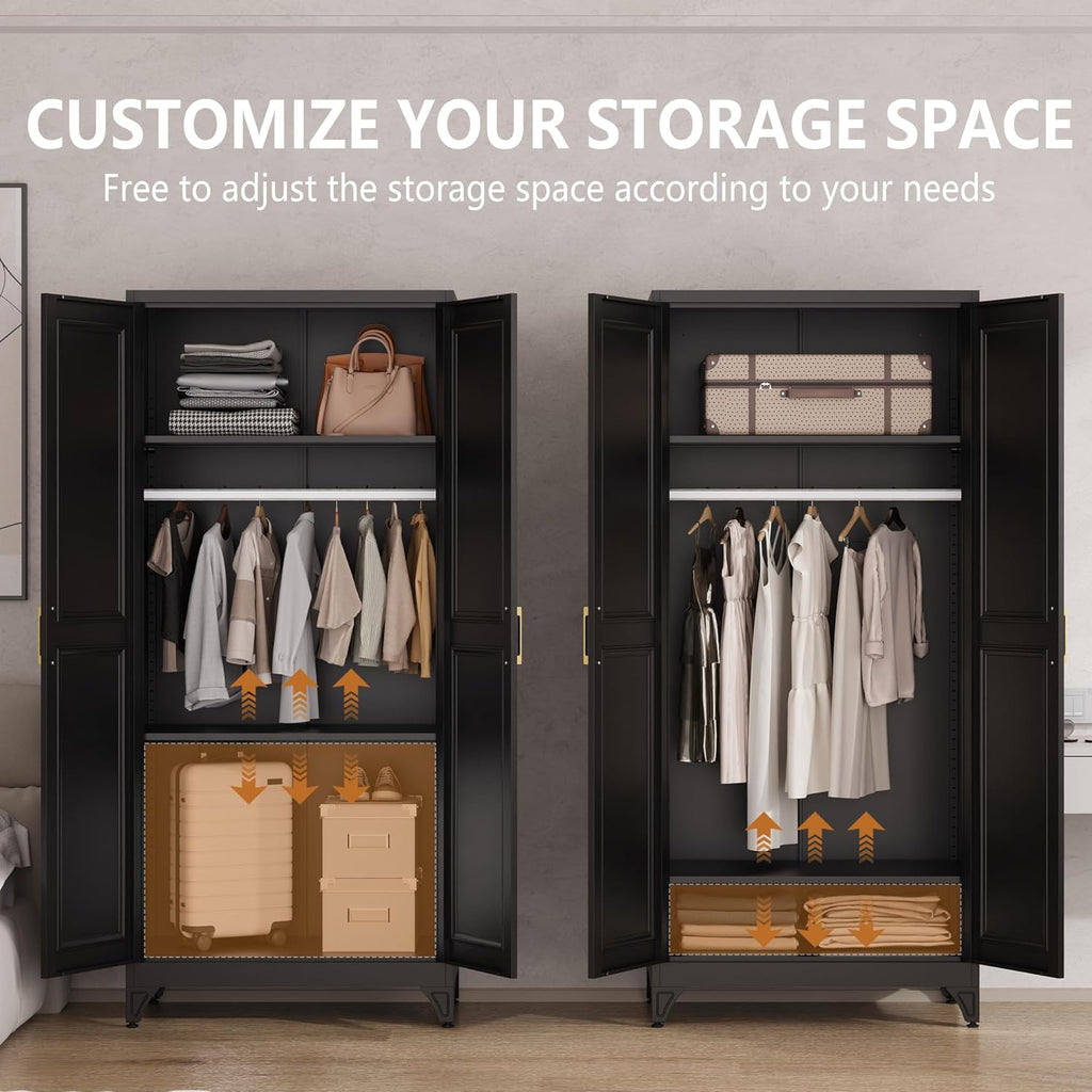 71" Metal Armoire Wardrobe Closet with Doors and Adjustable Shelves | Freestanding Tall Clothing Storage Cabinet