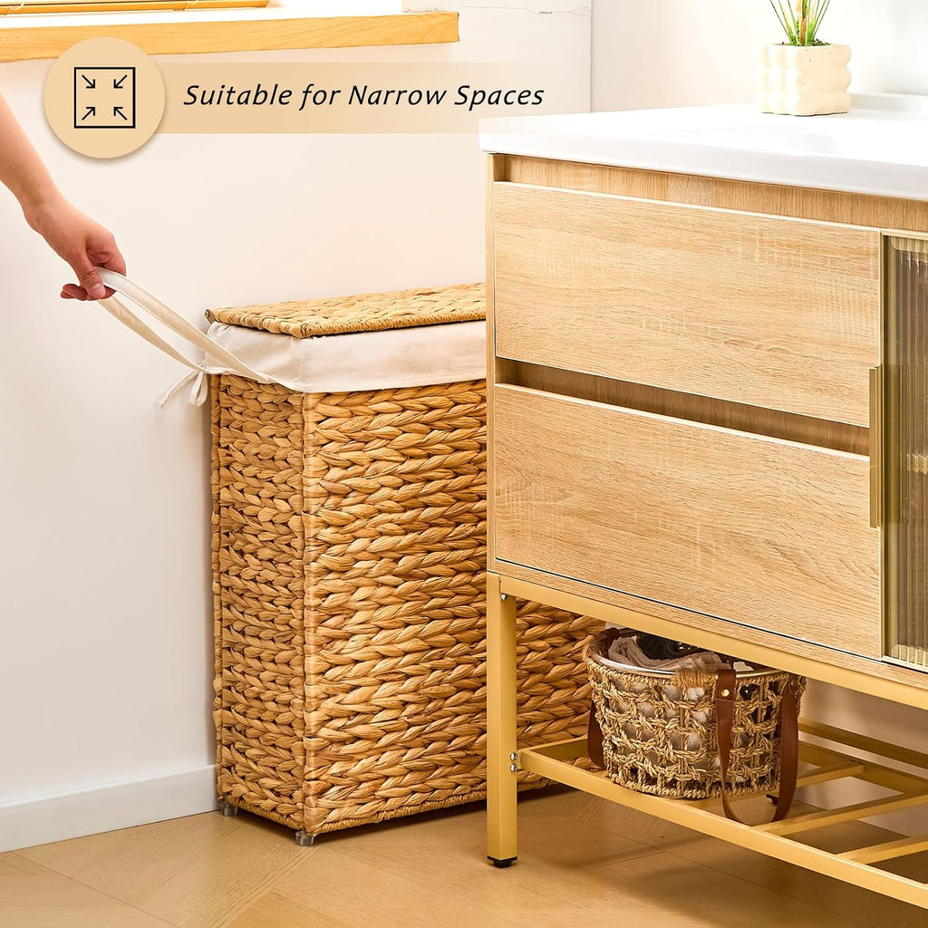 Handwoven Slim Laundry Hamper with Lid, Narrow Wicker Laundry Basket, Natural Water Hyacinth Basket and Handleswith