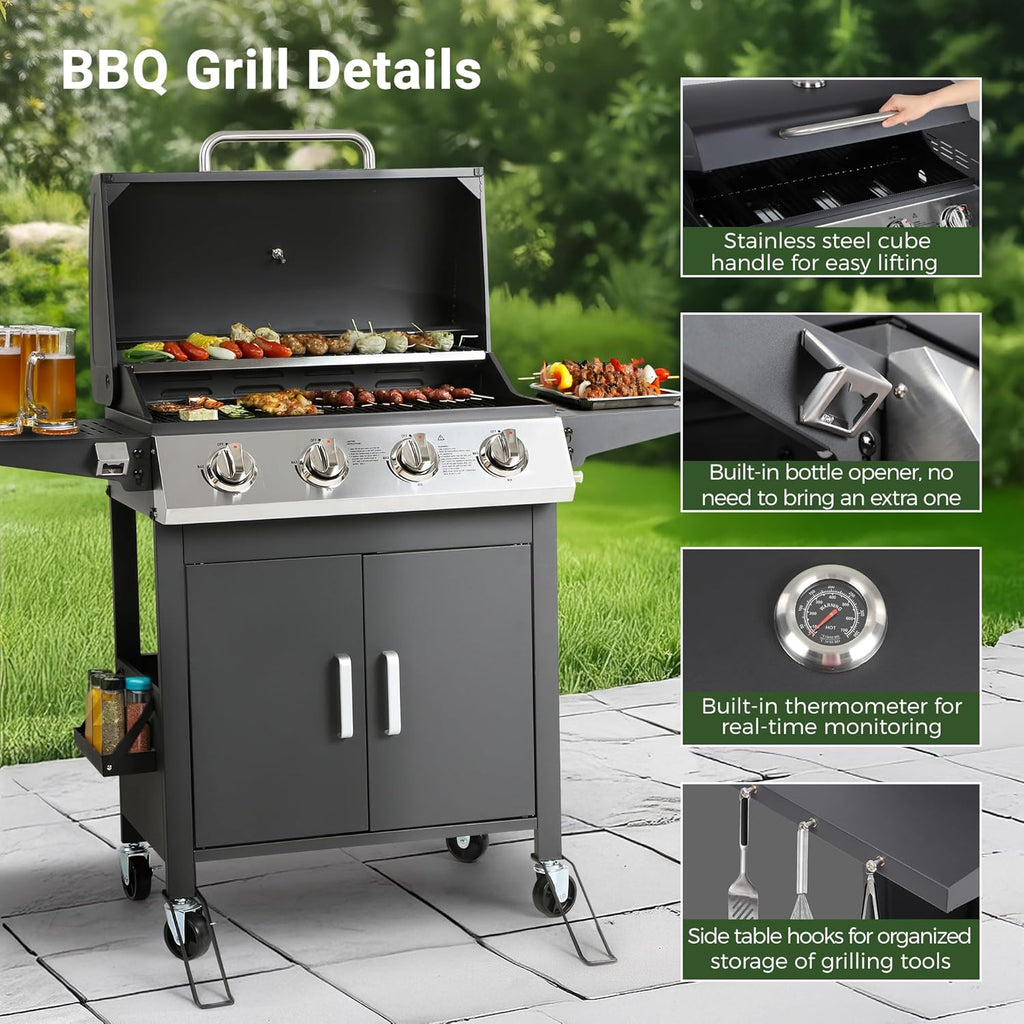 4-Burner Propane Gas Grill, 40,000 BTU Stainless Steel BBQ Grill with Foldable Side Tables, Spice Rack & Wheels (Black)