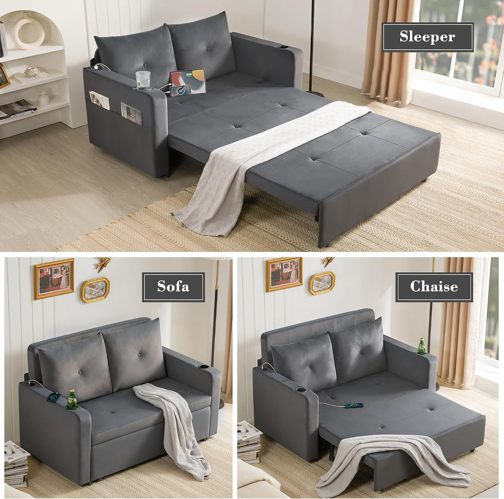 3 in 1 Pull Out Couch, 56 Inch Velvet Sofa Bed, Convertible Sleeper Sofa , Upholstered Loveseat Couch Bed with USB