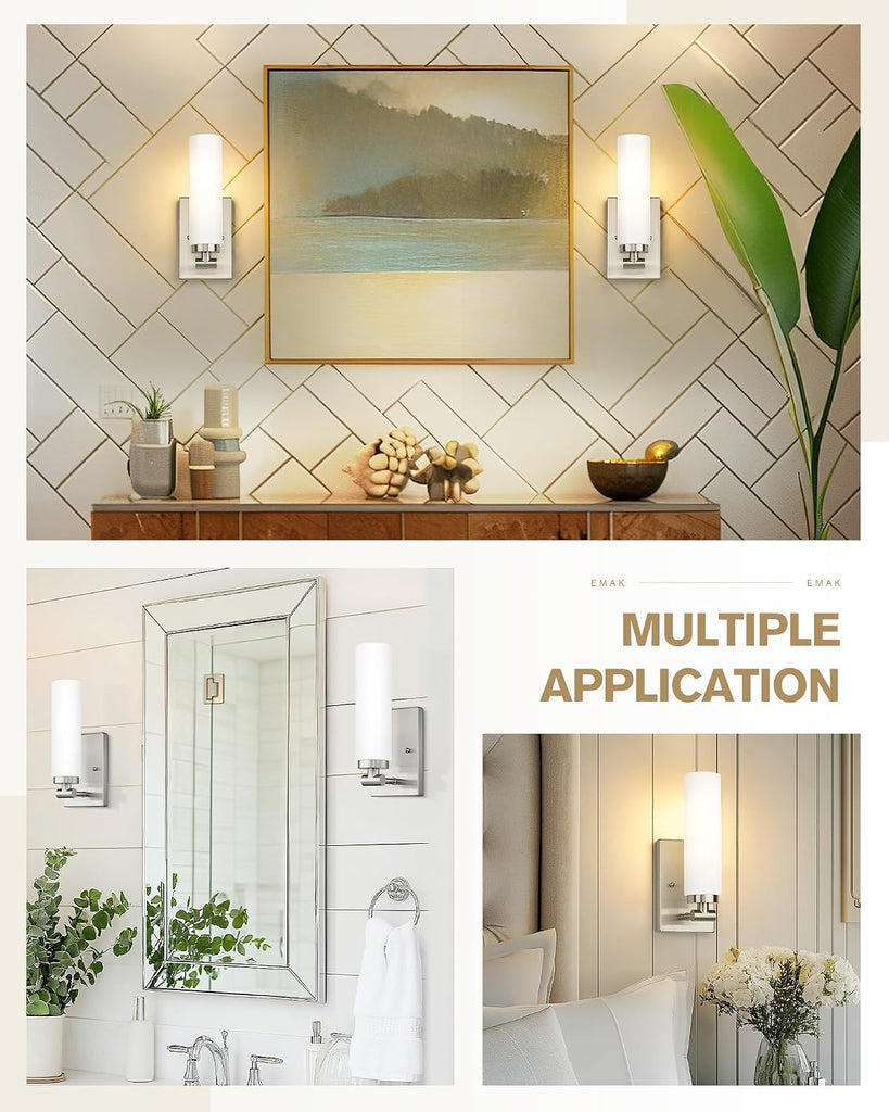 Brushed Nickel Wall Sconces, 2 Light Bathroom Light Fixtures with Milk Glass Shade, Modern Wall Lights , Mirror