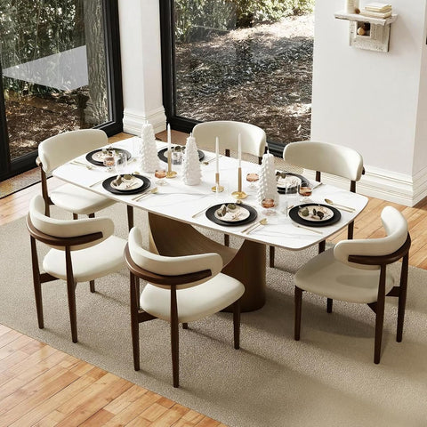 71" Hobart Modern Dining Table for 6-8, Matte White Dining Table Sintered Stone Dining Tabletop with Bronze Carbon