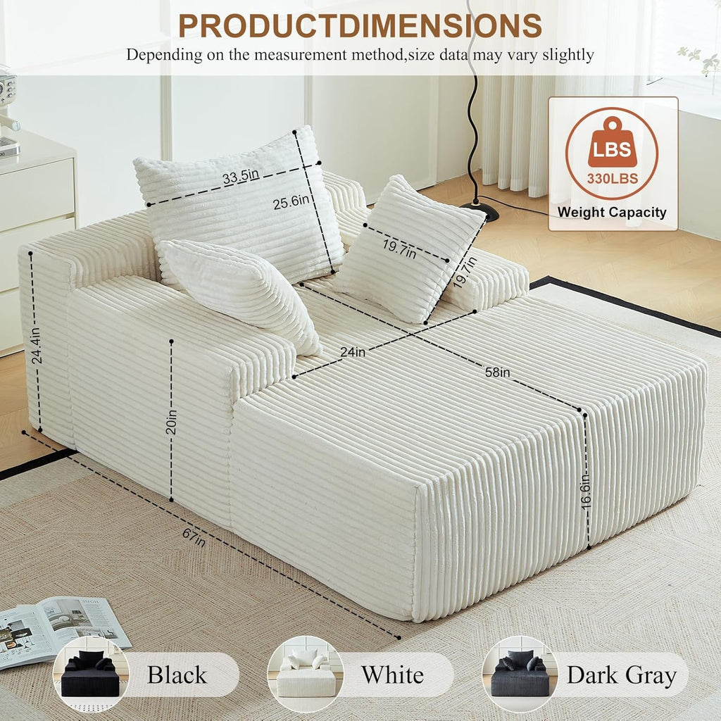 67 Inch Chaise Lounge Chair Indoor, Oversized Upholstered Boneless Sofa Bed, Corduroy Deep Seat Sleeper Couch Reading
