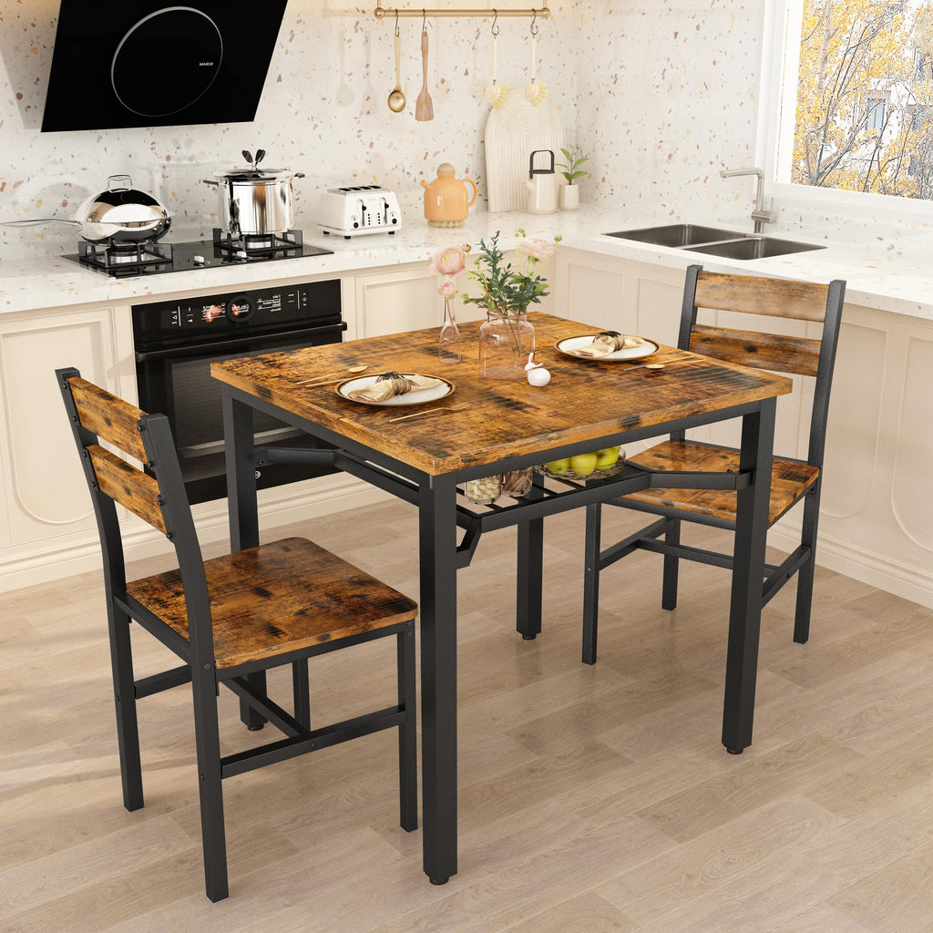 3 Piece Dining Table Set for 2, Small Wooden Kitchen Table with Storage, Farmhouse Square Dinette Set, Breakfast