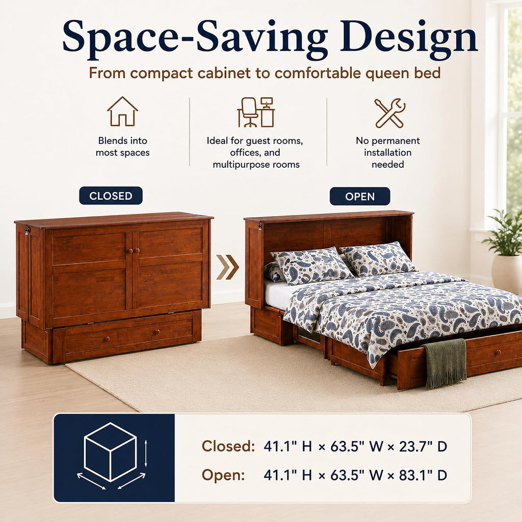Murphy Cabinet Bed with Mattress, Cherry, Queen