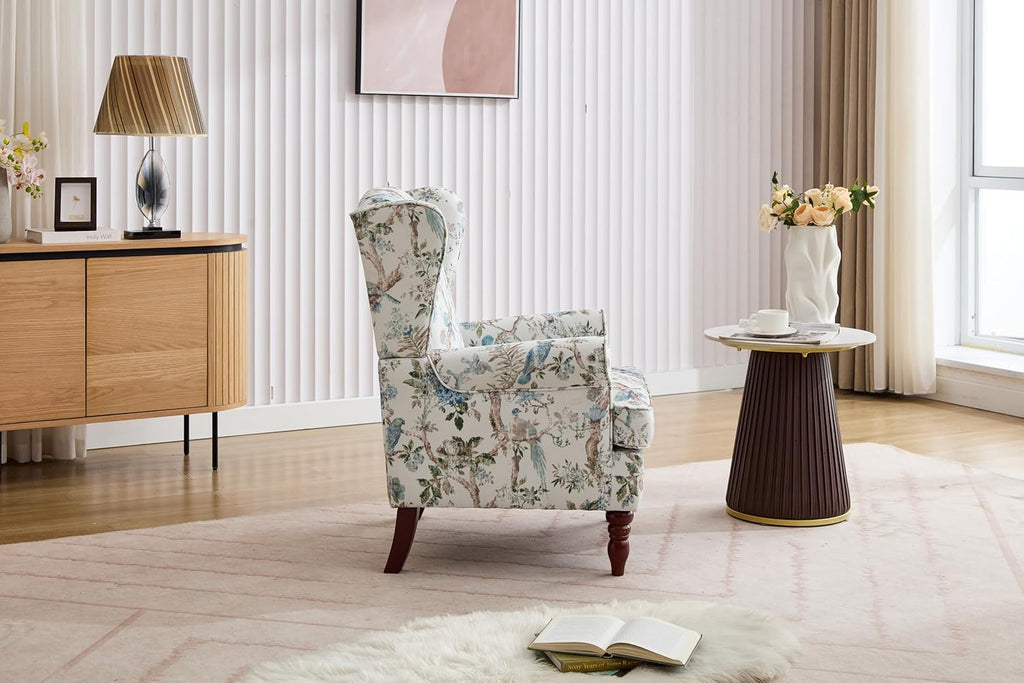 Modern Wingback Accent Chair with Solid Wood Legs and Cushion, Comfy Upholstered Floral Pattern Armchair, Retro