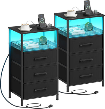 Night Stand Set 2 with Charging Station, 3 Drawer Nightstands with LED Lights, End Table with Outlets and USB Ports