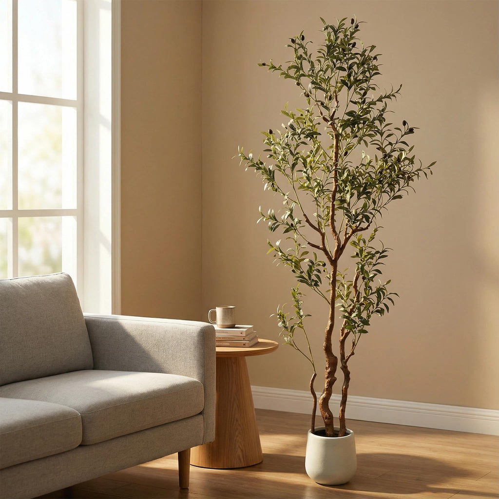 6FT Artificial Olive Tree, Three Thick Trunk, Green