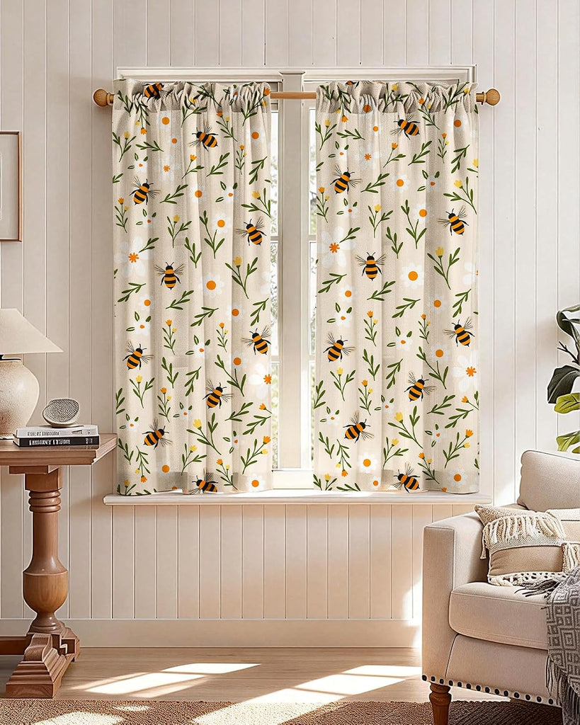 Bee Kitchen Tier Curtains - Linen Blend Country Cafe Curtains Farmhouse Small Window Treatments Over