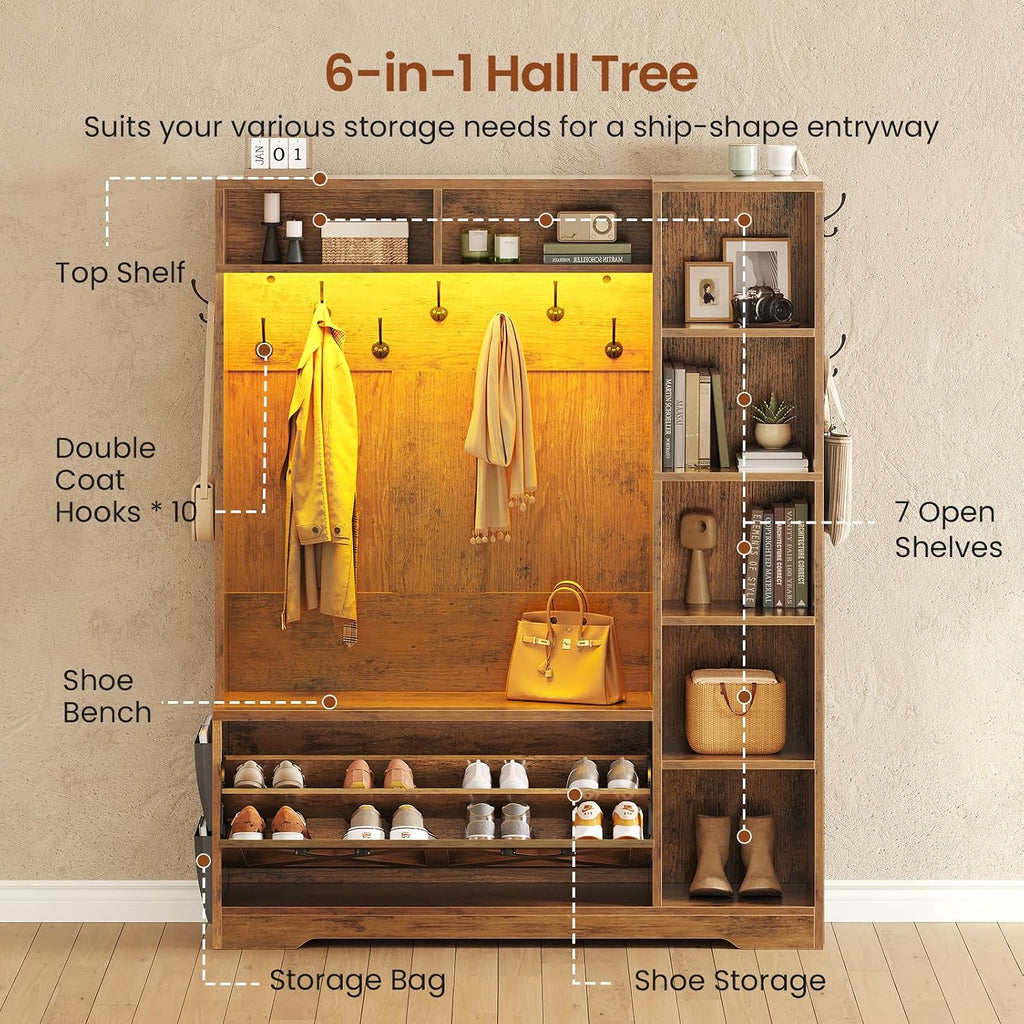 Hall Tree with Bench and Shoe Storage, Farmhouse Entryway Bench with Coat Rack, Shoe Cabinet with Flip Drawers, 7