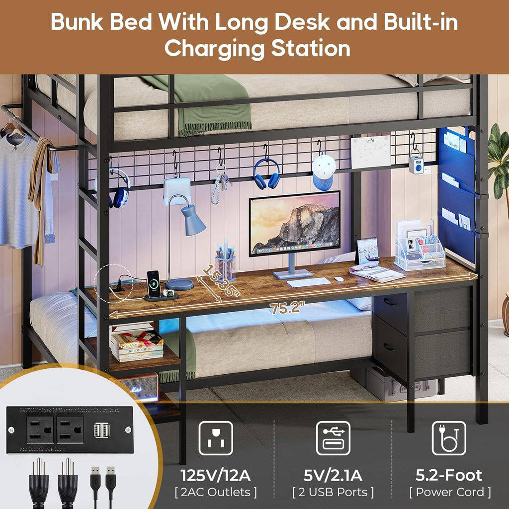 Full Over Twin Bunk Bed with Desk and Charging Station Metal Full Over Twin Bunk Bed with Led Lights,Storage Shelves
