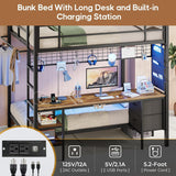Full Over Twin Bunk Bed with Desk and Charging Station Metal Full Over Twin Bunk Bed with Led Lights,Storage Shelves