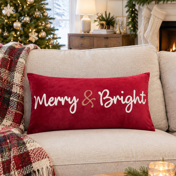 Merry and Bright Christmas Decor Velvet Decorative Rectangle Throw Lumbar Waist Pillow Case Cushion Cover for Couch