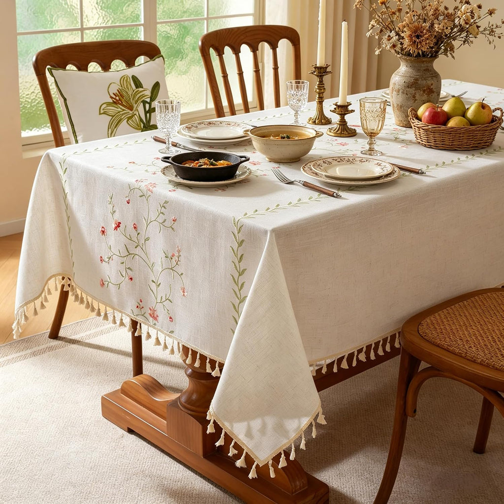 Summer Pink Floral Table Cloth Rectangle Table, Embroidery Heavy Duty Cotton Linen Tablecloth, Farmhouse Rustic