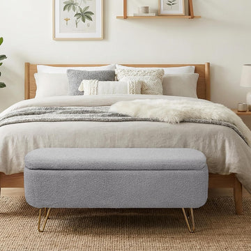 Ottoman with Storage, Small Boucle Storage Ottoman Bench,Upholstered Entryway End of Bed Bench with Cushion and Gold