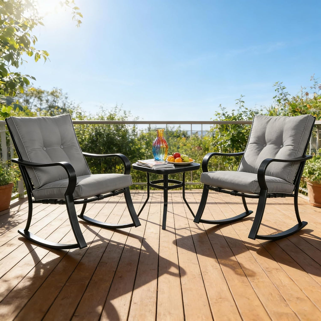 Outdoor 3-Piece Rocking Chairs Patio Bistro Set Black Steel Furniture with Thickened Cushion and Glass-Top Coffee