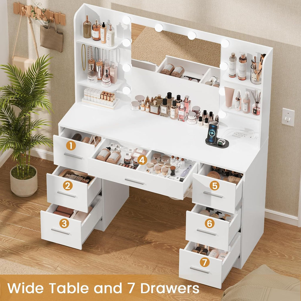 Large Vanity Desk with LED Lighted Mirror & Power Outlet,Makeup Vanity Table with 7 Drawers,4 Shelves and 5