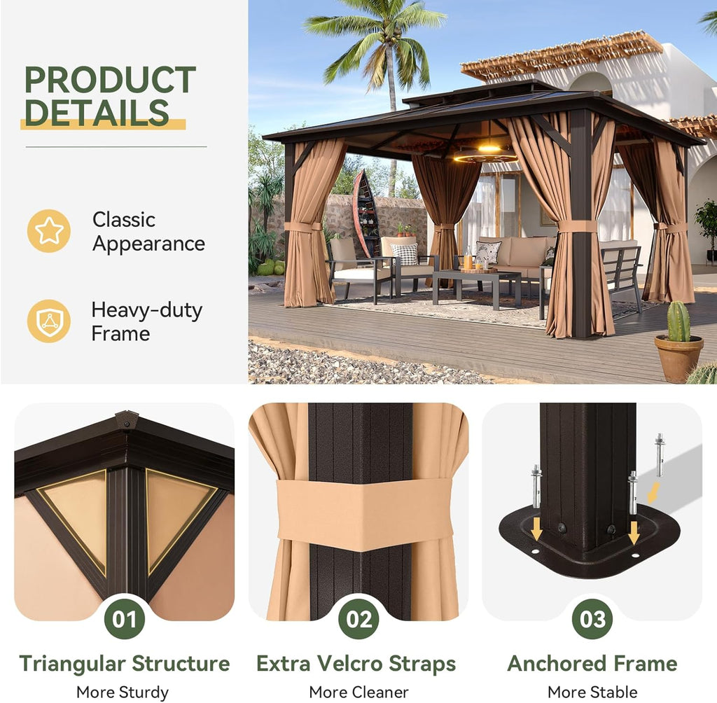 12'x10' Hardtop Gazebo, Aluminum Frame Permanent Pavilion with Curtains and Netting