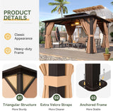 12'x10' Hardtop Gazebo, Aluminum Frame Permanent Pavilion with Curtains and Netting