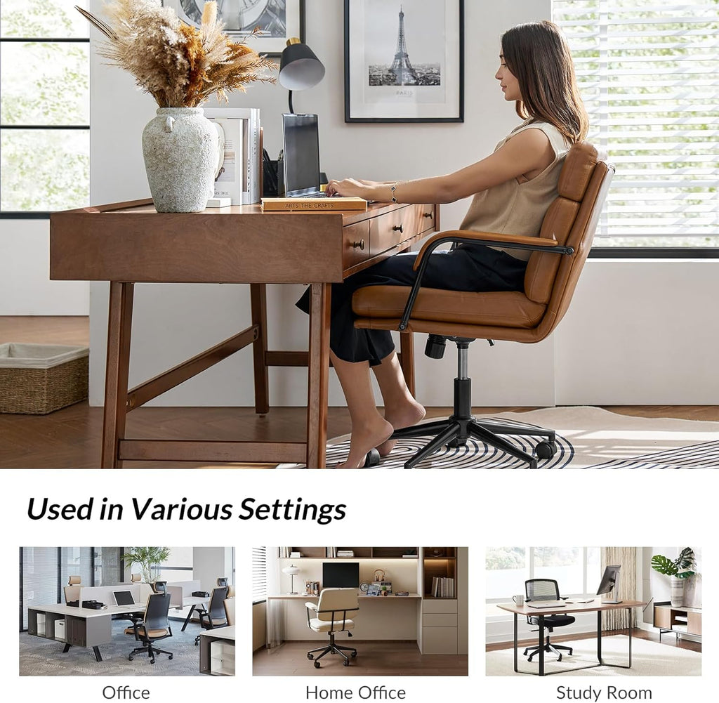Modern Faux Leather Home with Tilt Lock & Metal Base, Desk Chair with Wheels & Padded Cushion, 360° Swivel Wide Seat