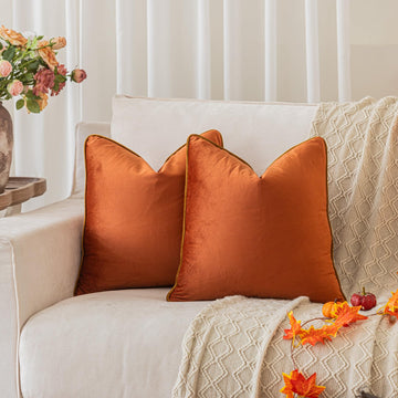 Set of 2 Fall Pillow Covers Brunt Orange Velvet Throw Pillow Covers Decorative Modern Autumn Pillow Cases Rope Edging