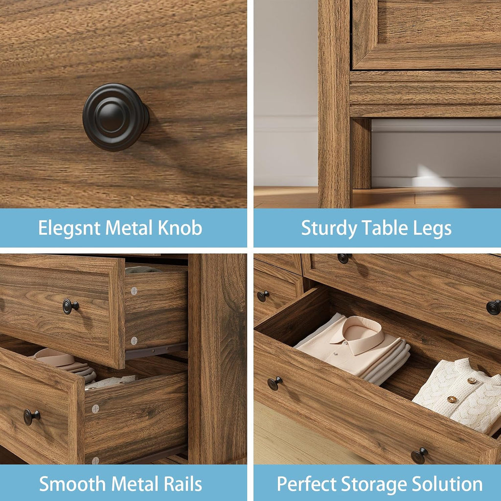 55" Walnut Dresser , 6 Drawer Dresser with Wide Drawer and Metal Handles, Wood Dressers & Chests of Drawers .