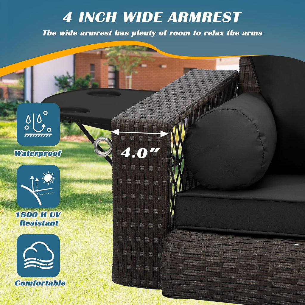 Wicker Hanging Porch Swing - Outdoor 3 Person Patio Swing Bench with Cushion & Chains - 3-Seat Porch Swing Chair with