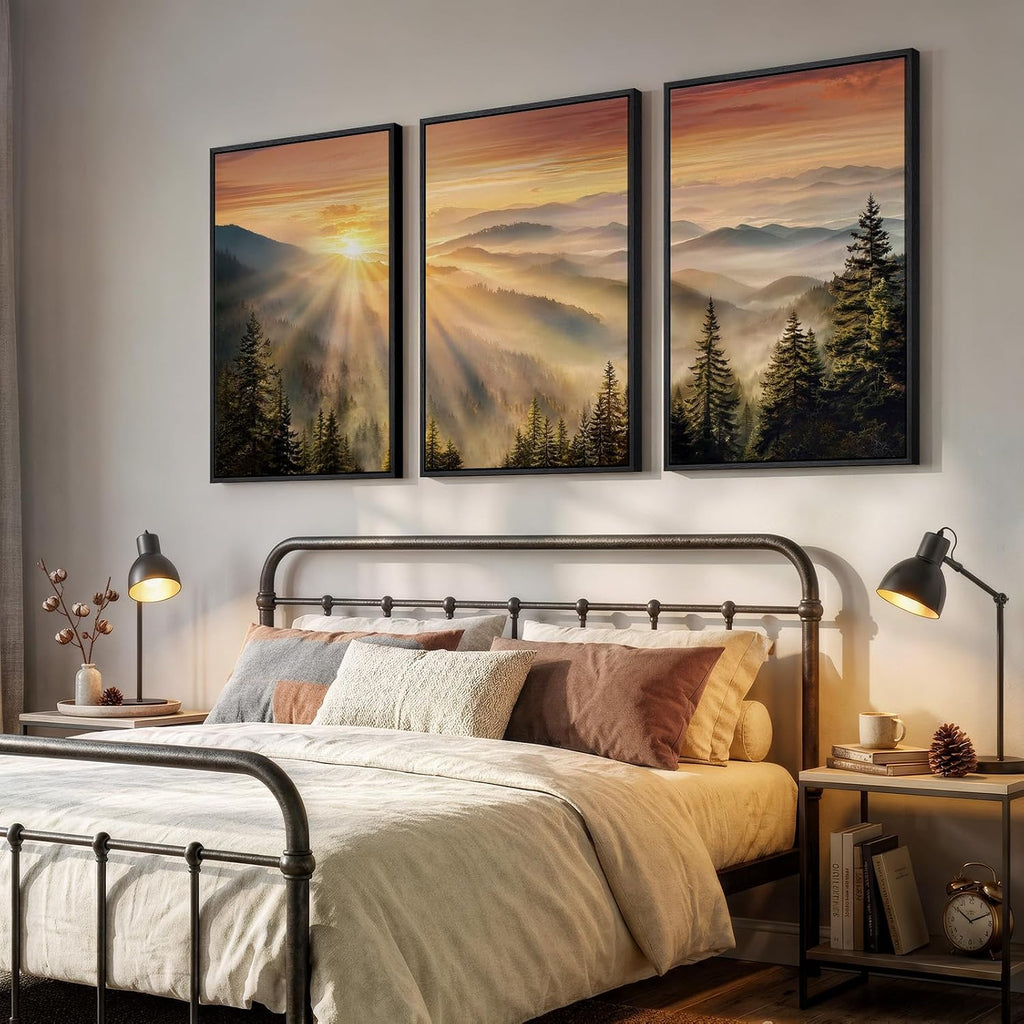 Large Framed Mountain Landscape Wall Art , 3 Piece Foggy Forest Sunset Canvas Artwork, Scenery Nature Picture Prints