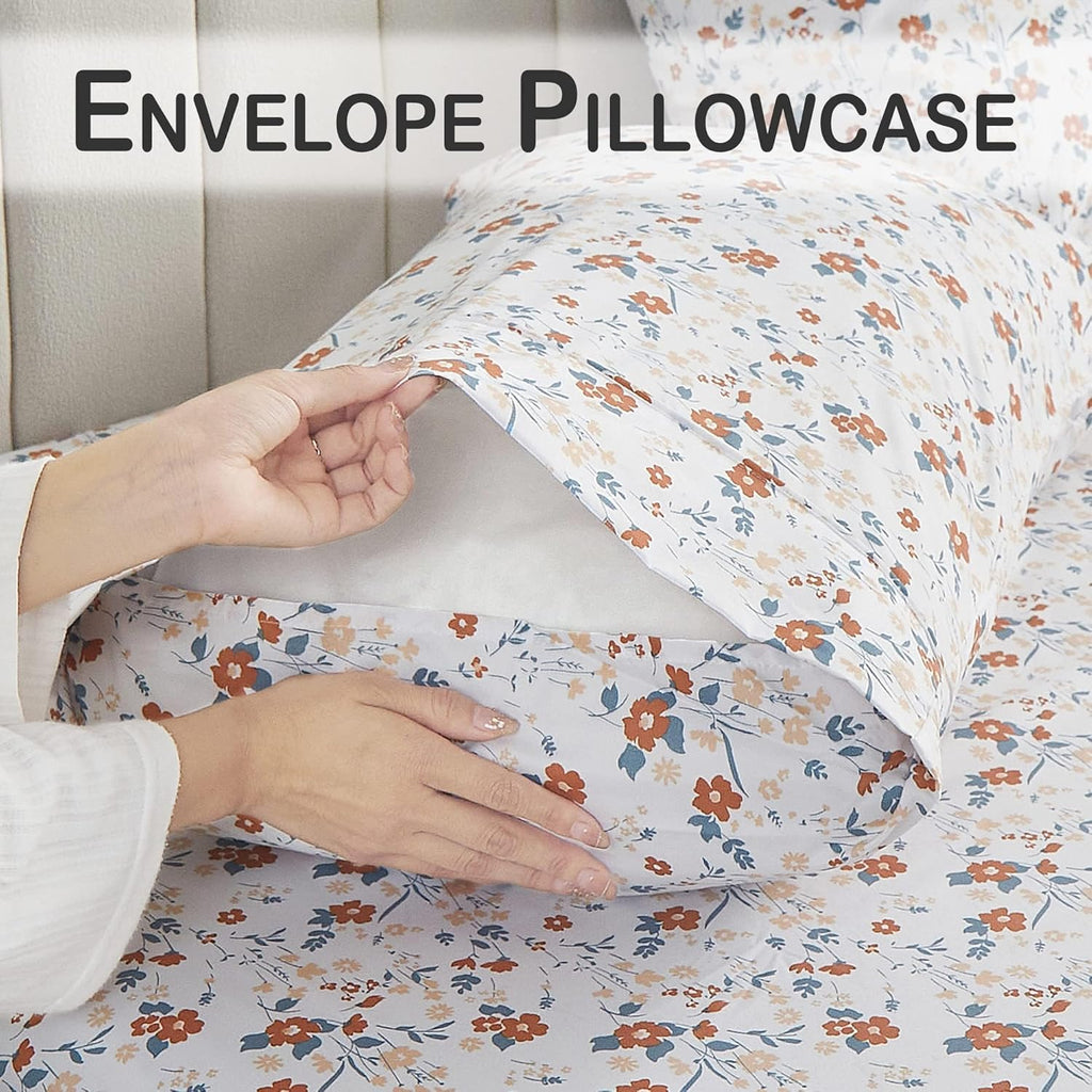 Floral Sheet Set Orange Flower Printed Bed Sheets - 4 Piece Soft Microfiber Patterned Fitted Sheets with 15"