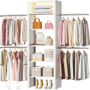 100'' Closet System with 4 Hanging Rods & LED Lights, 2-8 FT Wood Closet Organizer Systems with 5 Shelves, 6 Height