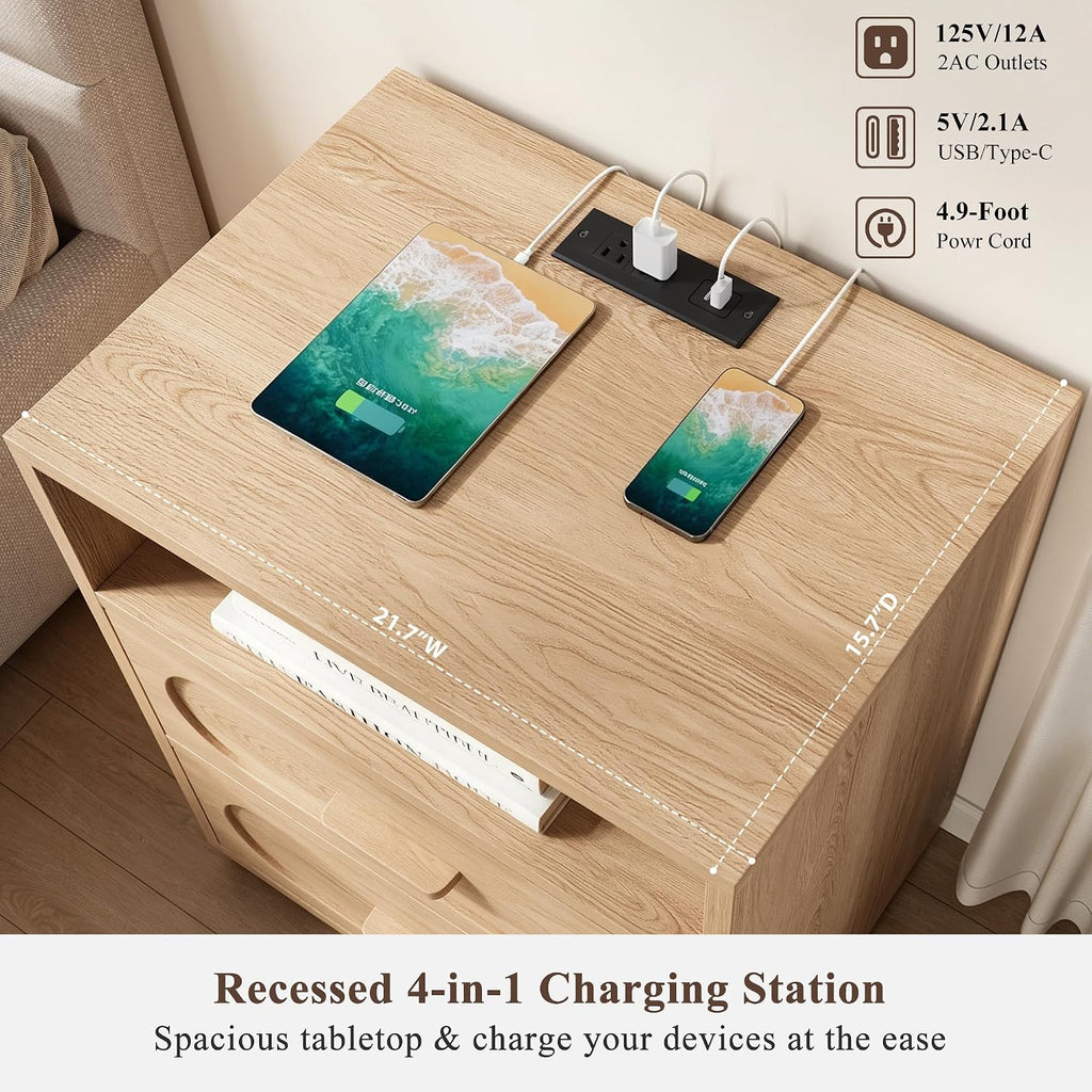 Nightstand with Charging Station, Modern End Table with 2 Drawers Storage, Space-Saving Wood Storage Cabinet with