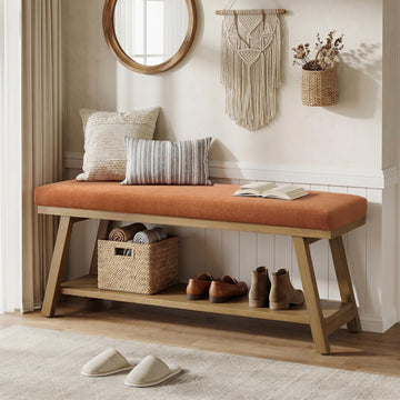 46" Entryway Bench Upholstered Storage Bench (Orange)