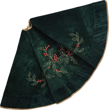 X.Sem Holly Leaf Embroidered Velvet Christmas Tree Skirt with Pleat Velvet Border 50'' (Dark Green, 50 inch)
