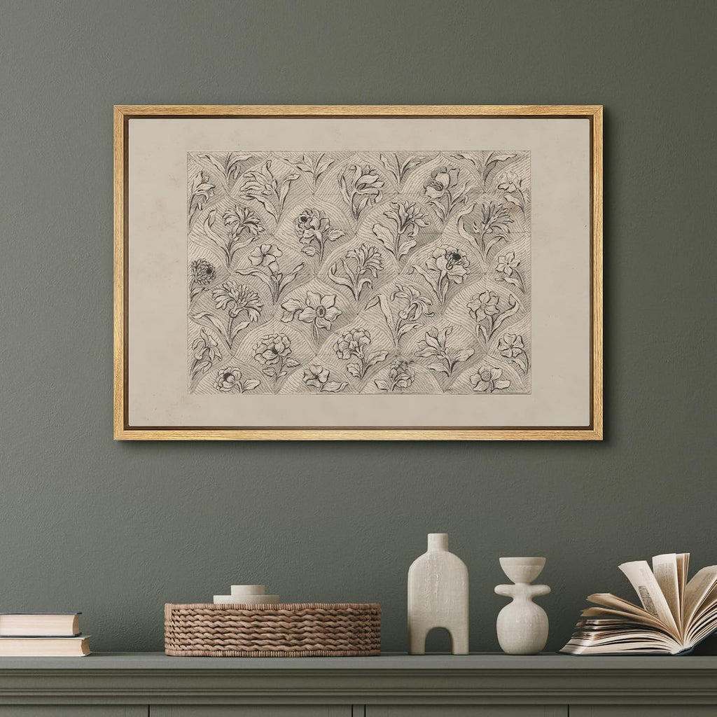 Framed Canvas Print Wall Art Set Vintage Floral Pattern Sketch Detailed Botanical Illustrations Modern Art