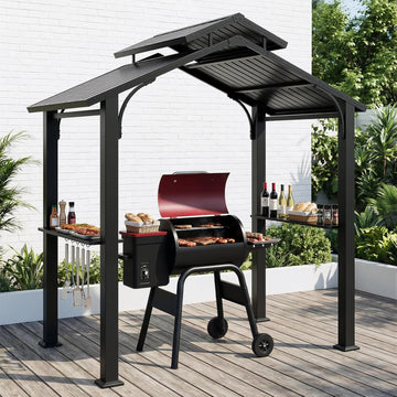 8’x5’ Grill Gazebo, Outdoor BBQ Hardtop Gazebo with Galvanized Steel Double Roof