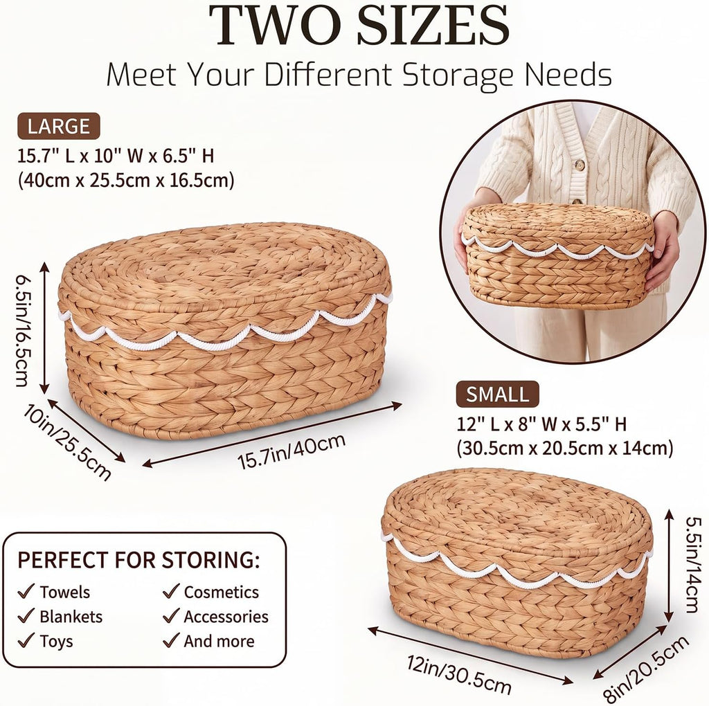 Set of 2 Wicker Storage Baskets with Lid Rattan Basket Decorative Boxes with White Scalloped, Handwoven Storage Box
