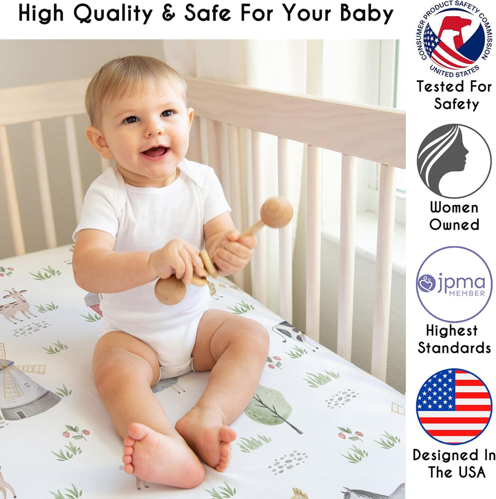 2-Piece Baby Crib Sheets Set (Farm Animals) for Boys or Girls, Infant Nursery, Toddler Room - Standard Size (Neutral
