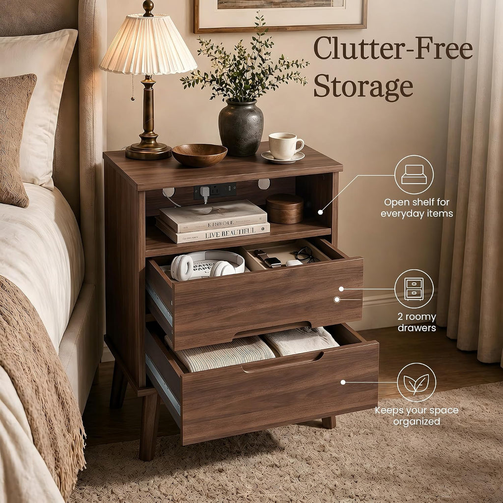 26-Inch Tall Mid Century Modern Set of 2 Nightstands, Dark Walnut | Dual charging stations, 2 drawers per table
