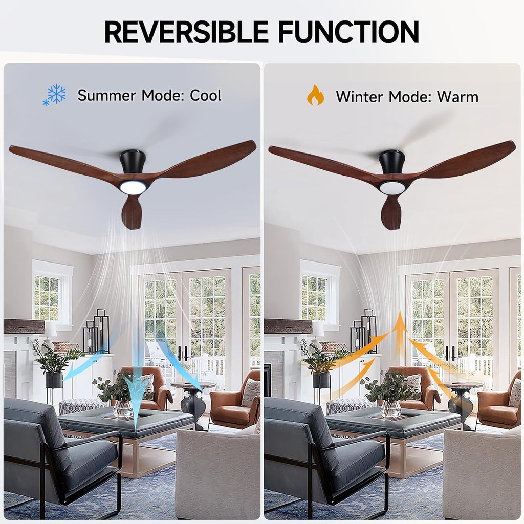 52" Wood Ceiling Fan with Lights, Flush Mount Low Profile Ceiling Fan with Remote Control, Dimmable LED