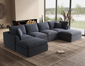 Oversized Cloud Sectional Couches, Boneless U Shaped Couch with Ottoman, 4 Seater Modular Sectional Sofa, Dark Grey