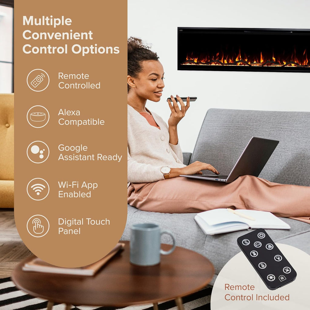 Modern Ember Aerus 72 Inch Smart Linear Electric Fireplace | Recessed in-Wall or Wall-Mount | LED Multiple Flame