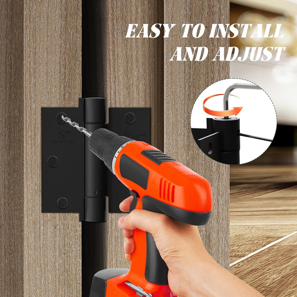 3 Pack Self Closing Door Hinges 3.5 inch Matte Black Spring Loaded Auto Close Hinges Square Corners Adjustable
