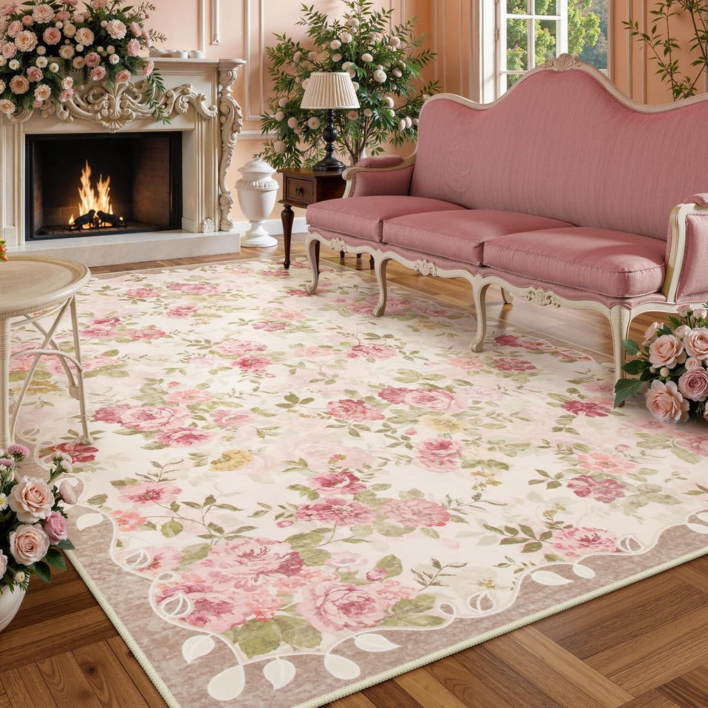 Floral Washable Rugs 9x12, Large Area Rugs 9x12 Living Room,Soft Non-Slip Thin Vintage Boho Bedroom 