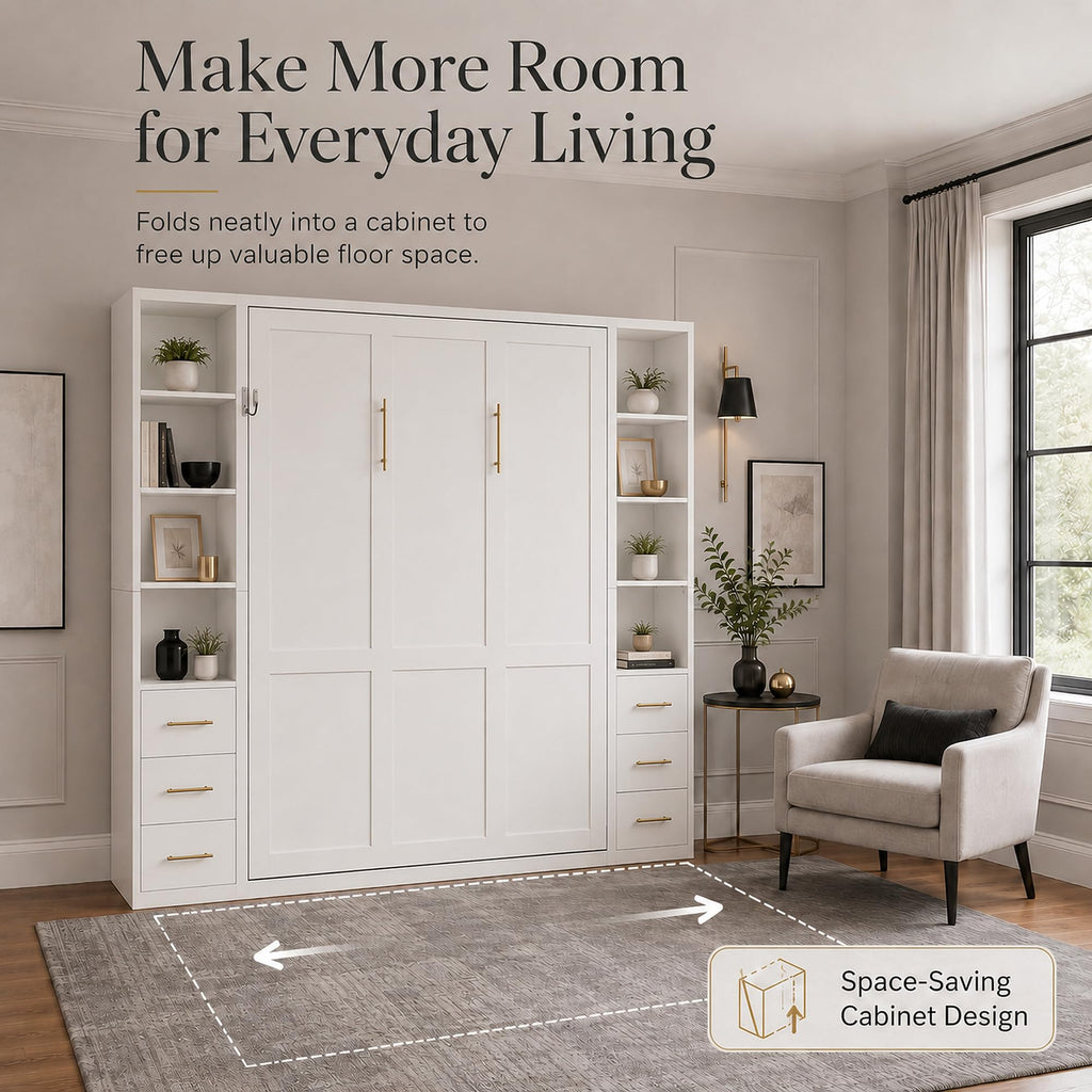 Queen Murphy Bed with Side Storage Cabinets, White Space-Saving Wall Bed