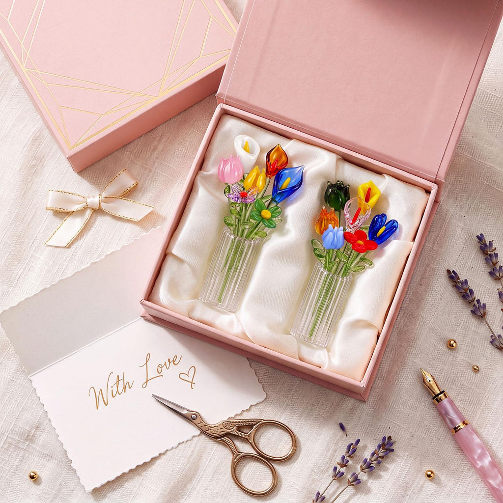 14 Pcs Mini Glass Flower Leave with Stems and 2 Vase Set, Style 2