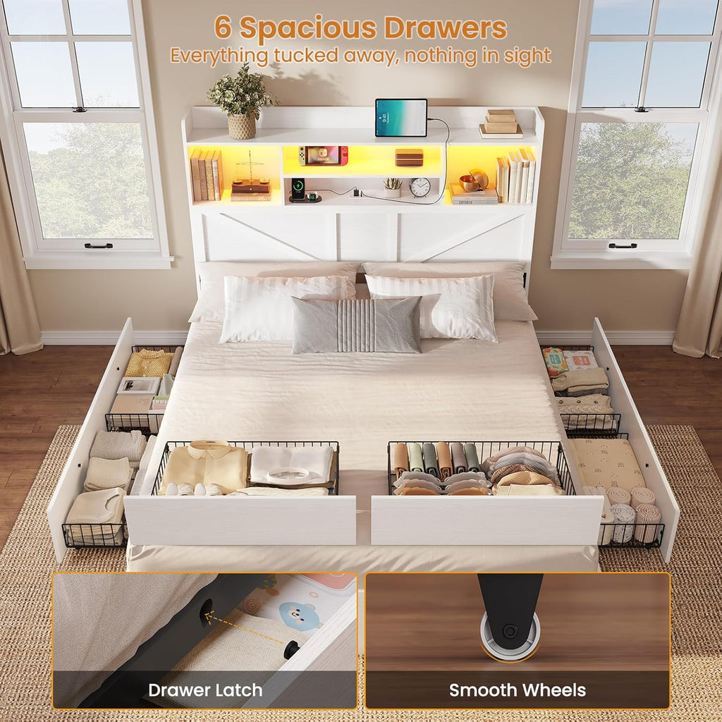 Queen Bed Frame with 6 Storage Drawers, Farmhouse Bed Frame Queen with Bookcase Headboard, LED Lights & Charging