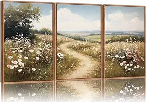 Rustic French Country Framed Canvas Wall Art, Vintage Flower Field Wall Decor, Calming Nature Landscape Art