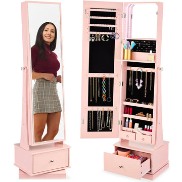 360 Swivel Mirrored Jewelry Cabinet, Standing Armoire, Makeup Storage Organizer, w/LED-lit Mirror, 3 Shelves - Dusty